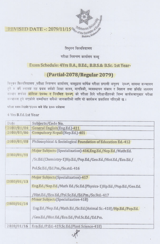 Revised Exam Schedule For BBS , B.Ed. And B.A. First Year Part I ...